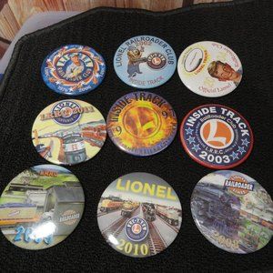 Lionel Railroaders Club Graphic Train pin back Pins, Train collecter~EUC~9pc